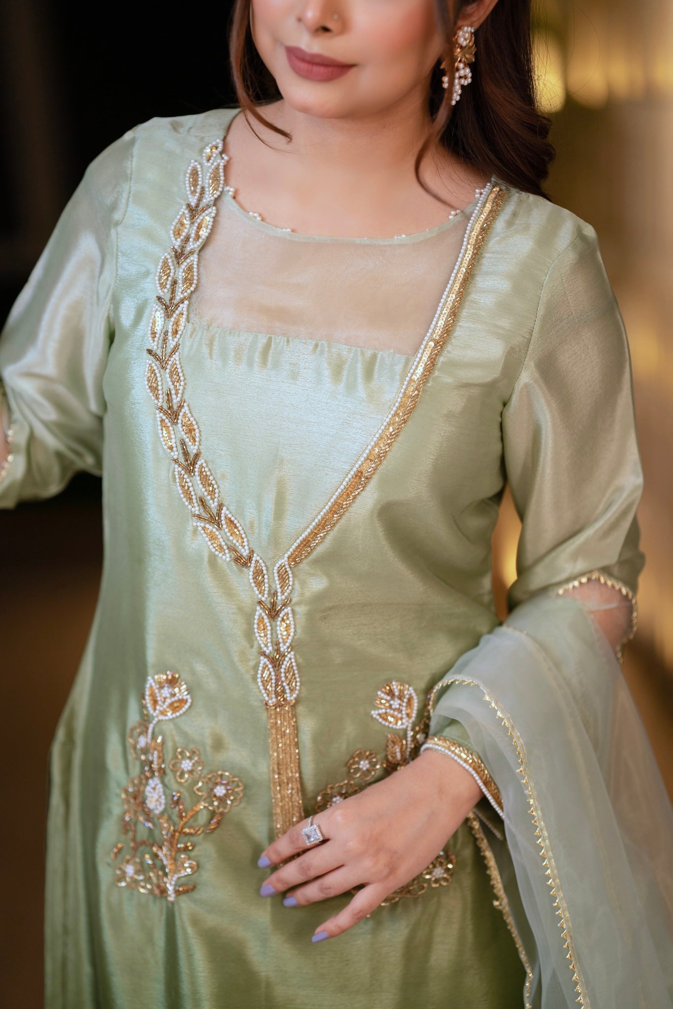 Shaded Olive Green Embroidered Kurti Set