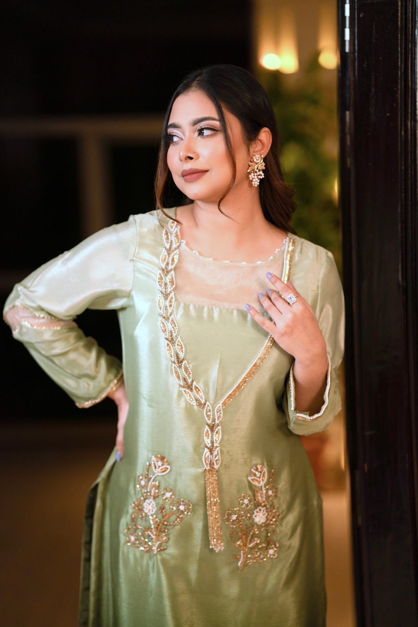 Shaded Olive Green Embroidered Kurti Set