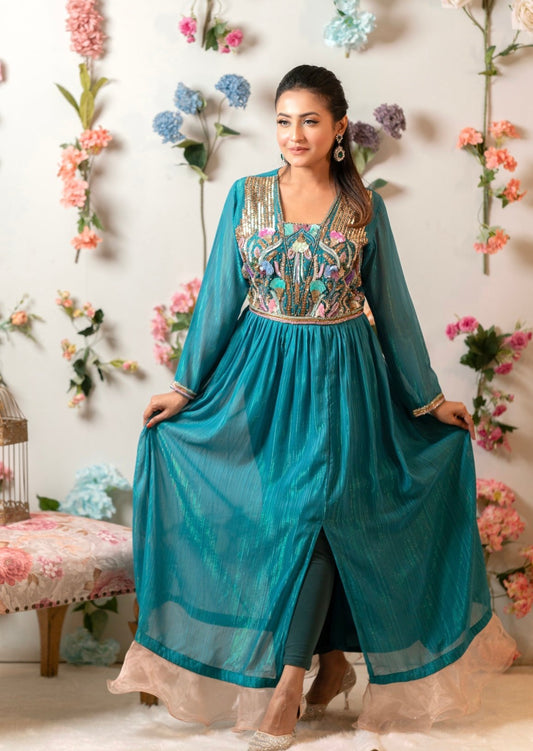 Teal Embroidered Flowing Dress