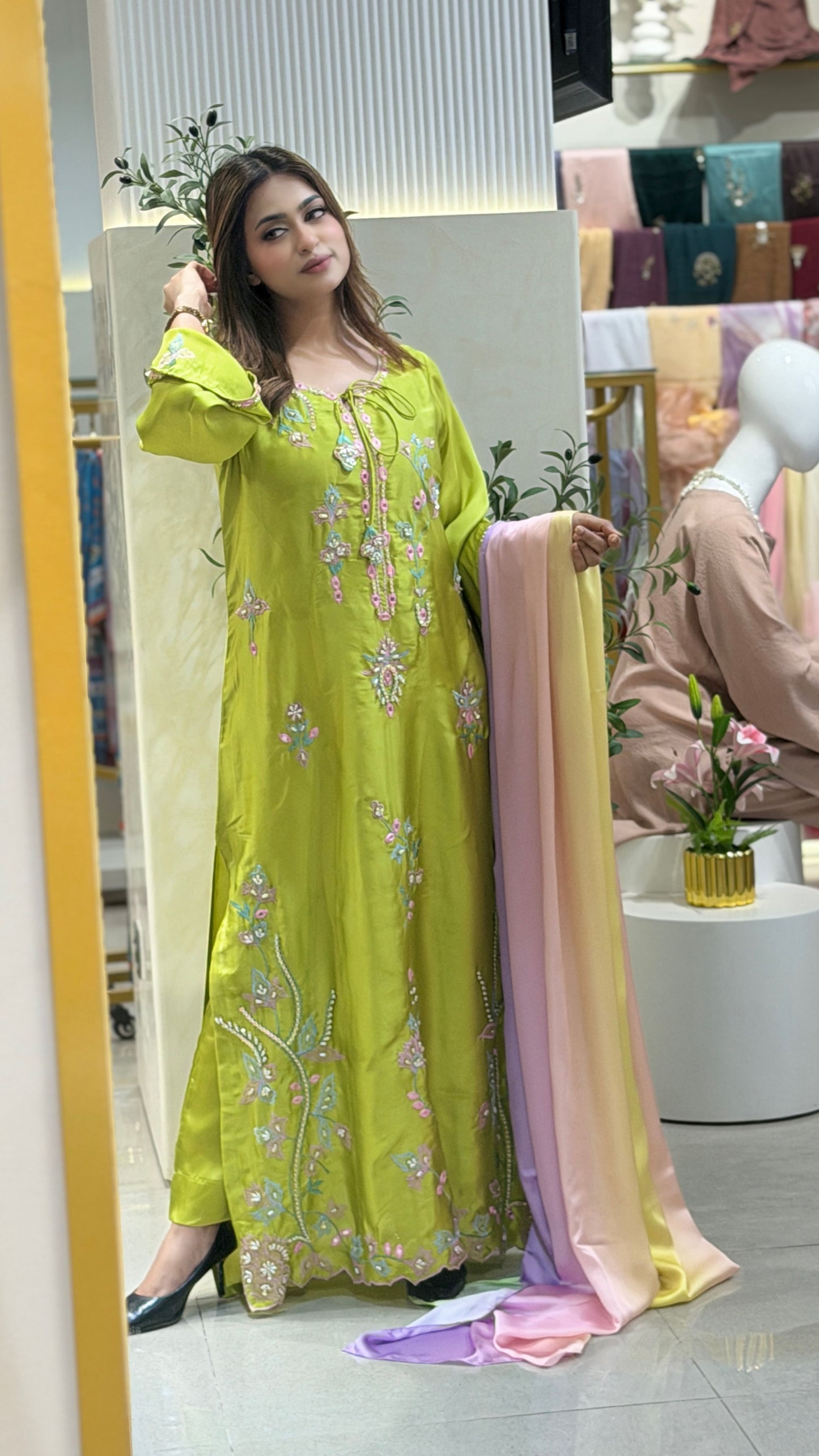 Lime Blossom  Long  Kameez And Pant Set