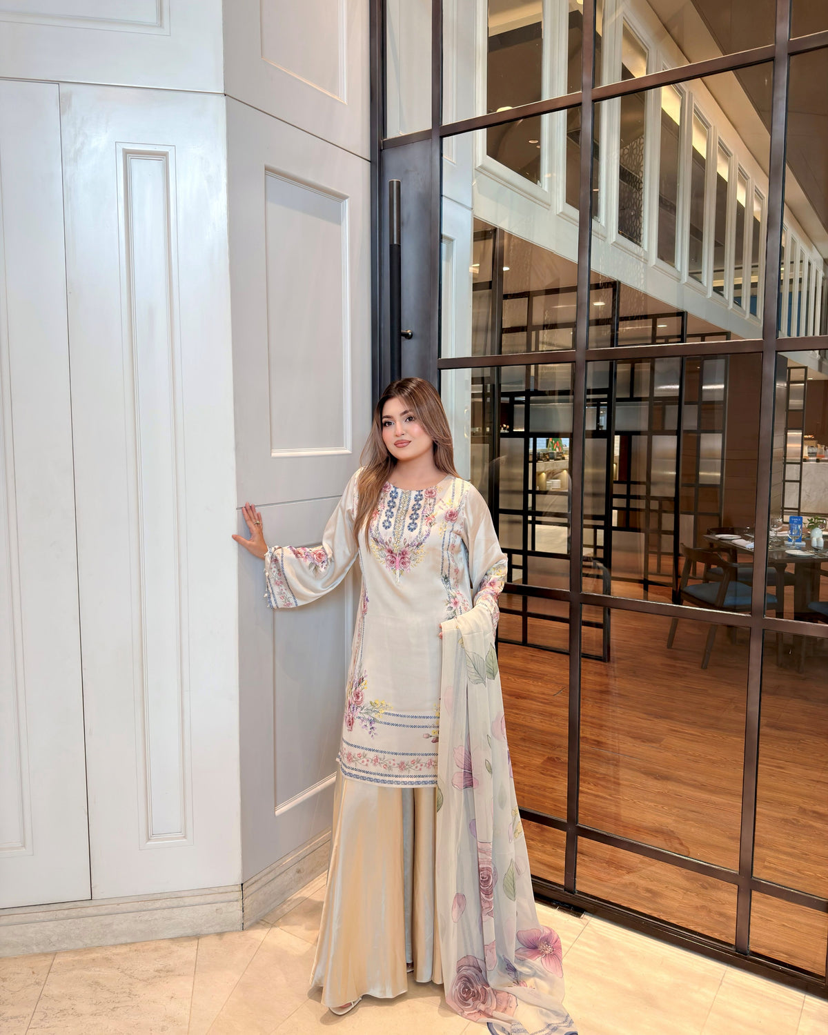 Ivory Floral Grace Kameez And Dupatta Set