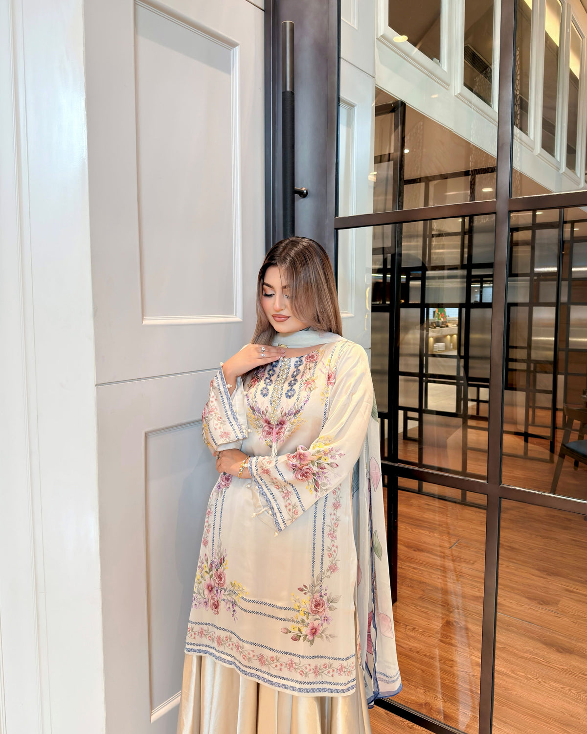 Ivory Floral Grace Kameez And Dupatta Set