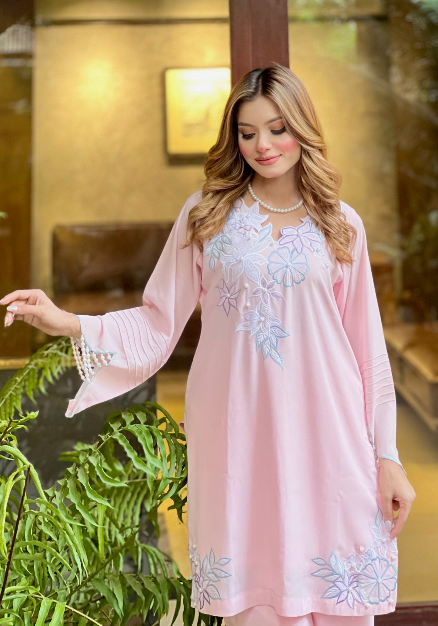 Soft Pink Floral Embroidered Two-Piece Set
