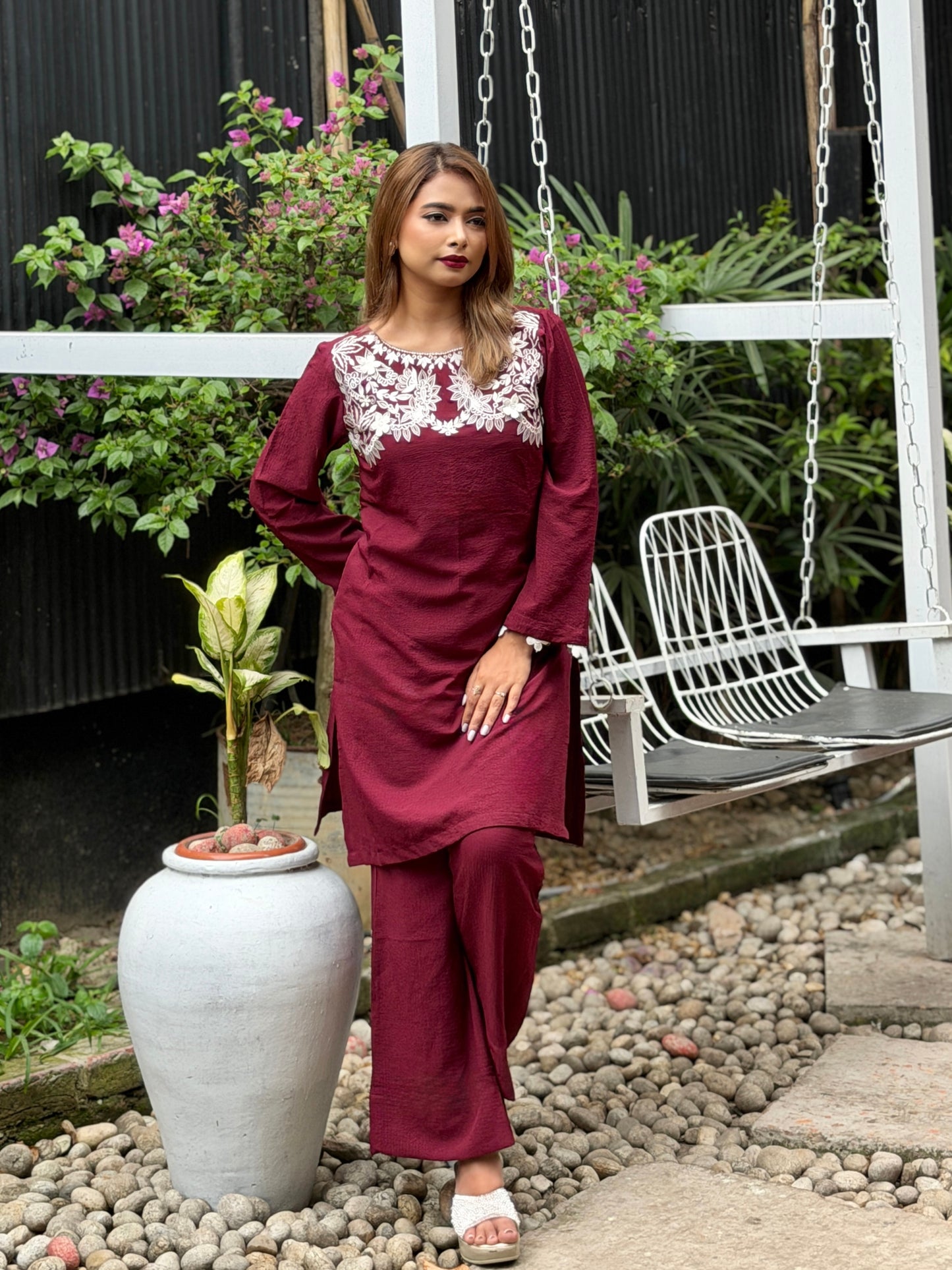 Maroon White Embroidered Co-ord Set