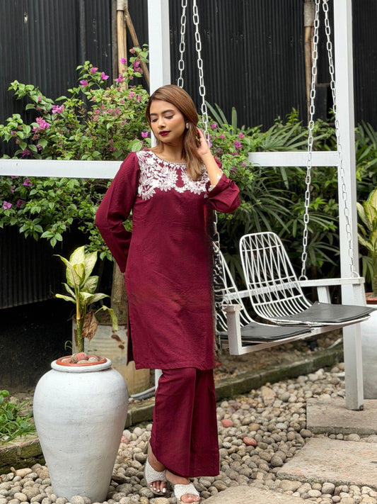 Maroon White Embroidered Co-ord Set