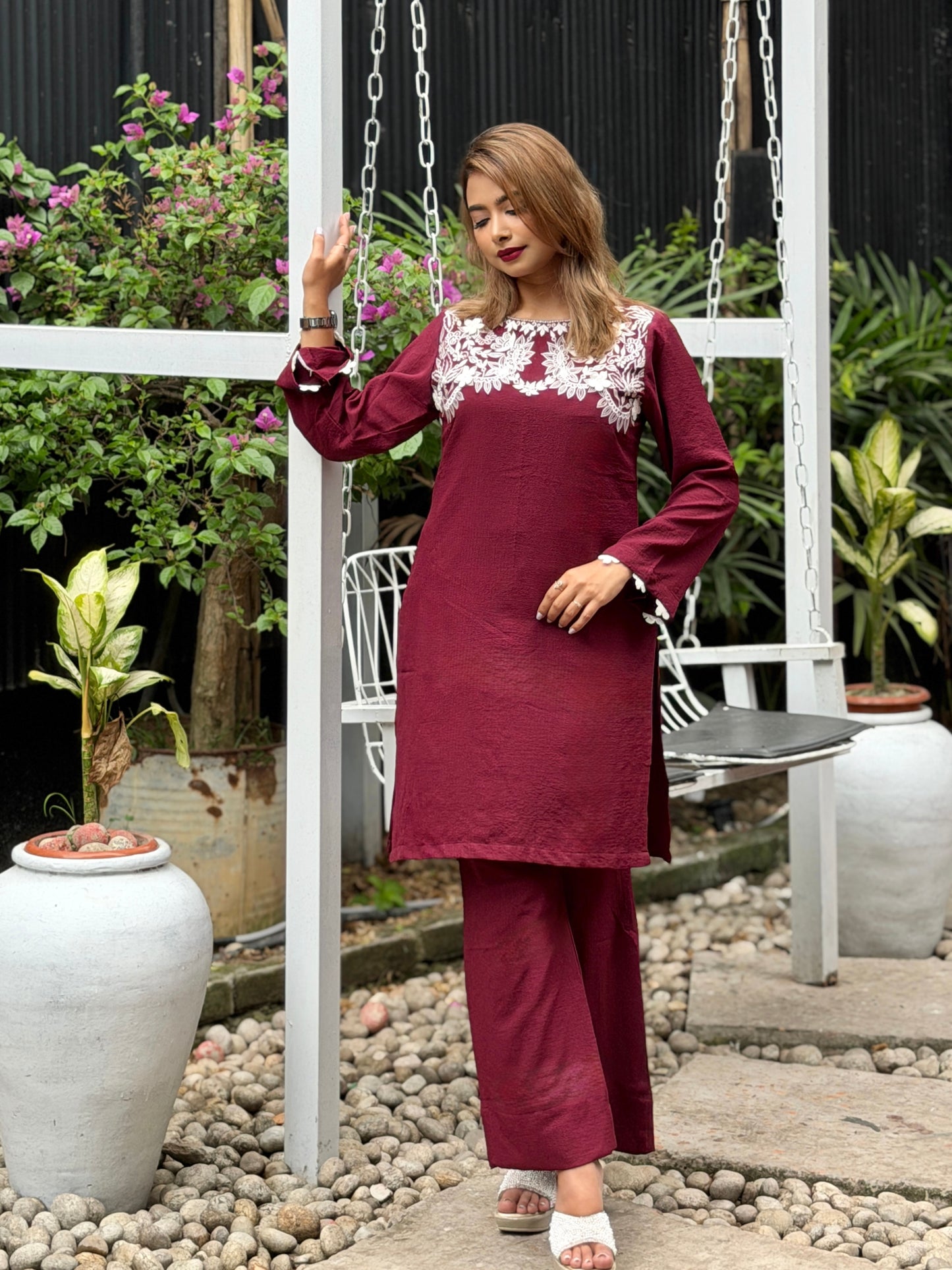 Maroon White Embroidered Co-ord Set