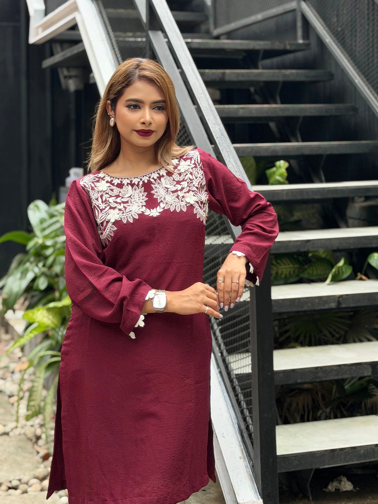 Maroon White Embroidered Co-ord Set