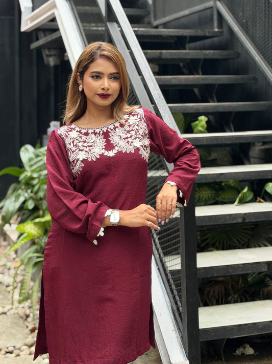 Maroon White Embroidered Co-ord Set