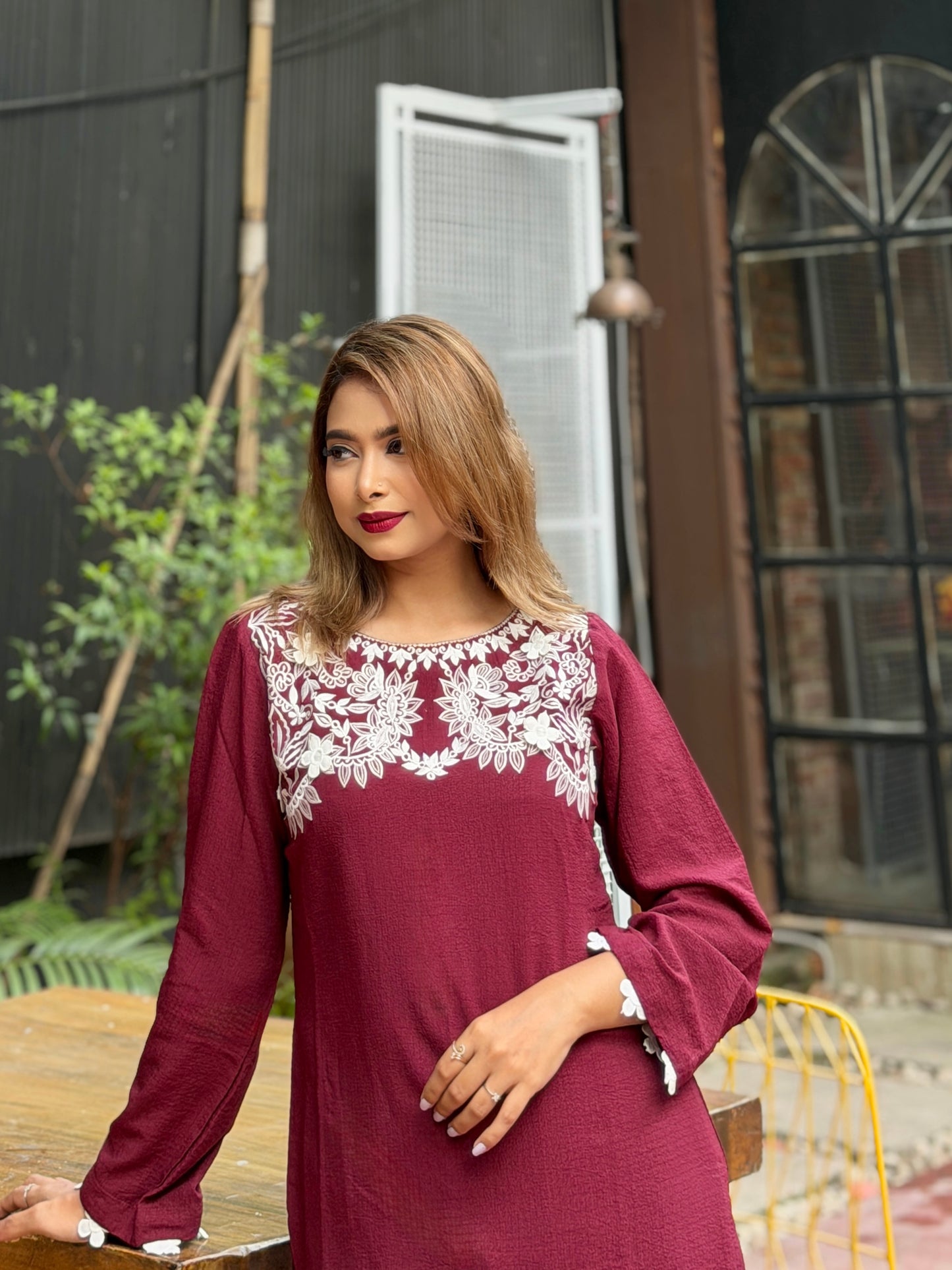 Maroon White Embroidered Co-ord Set
