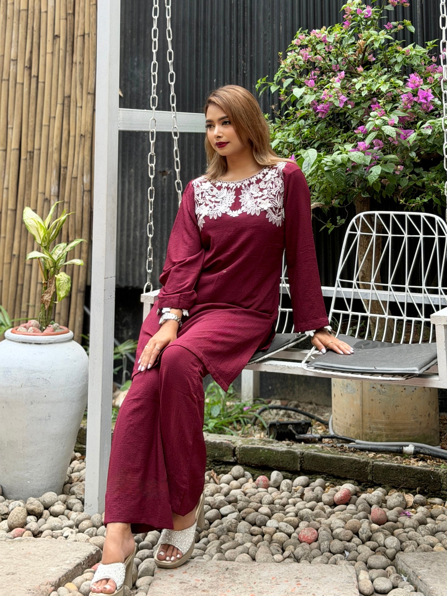 Maroon White Embroidered Co-ord Set