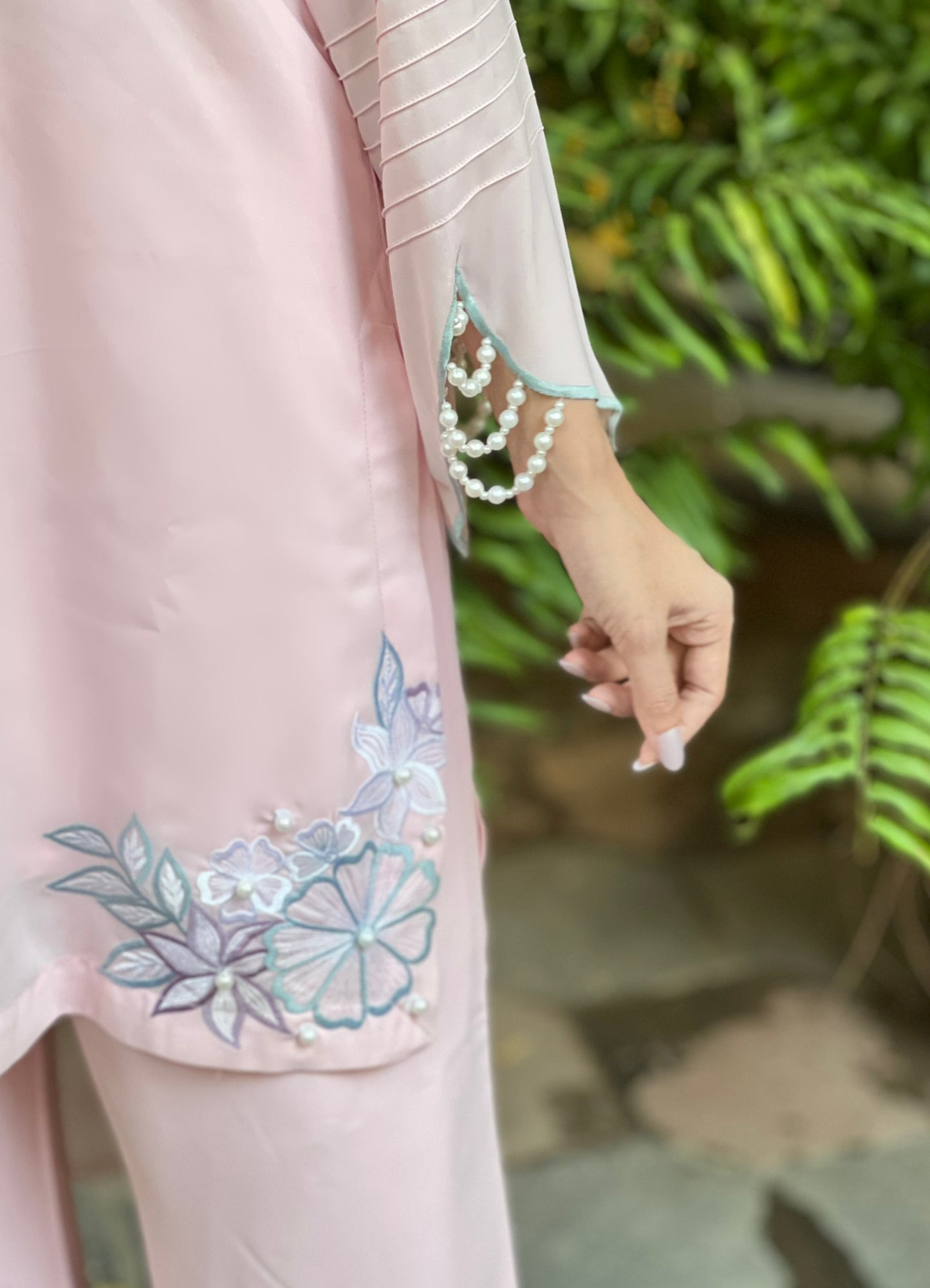 Soft Pink Floral Embroidered Two-Piece Set