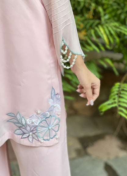 Soft Pink Floral Embroidered Two-Piece Set
