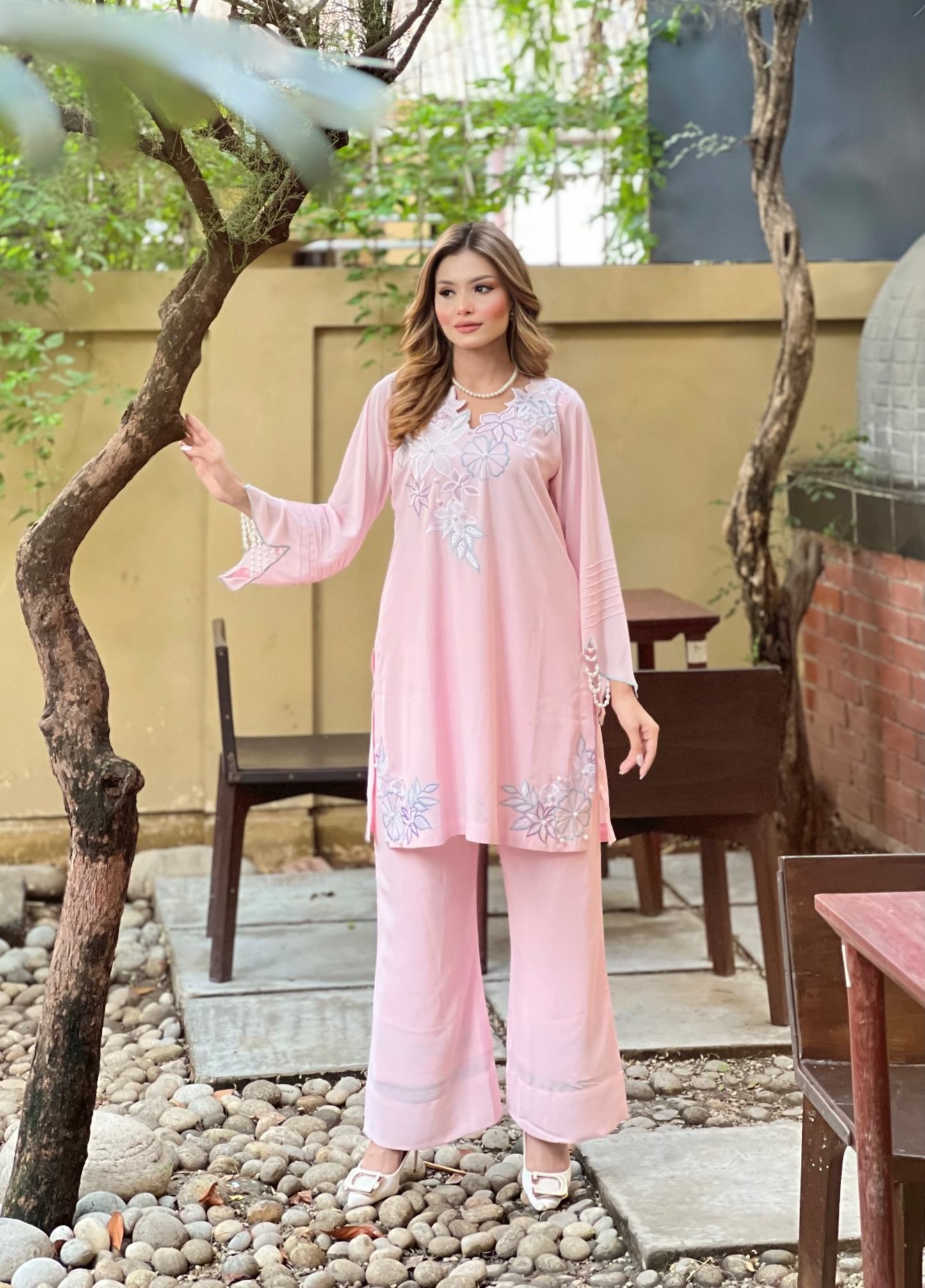 Soft Pink Floral Embroidered Two-Piece Set