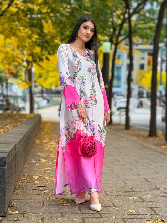 Blooming Grace – Pink & White Floral Kameez And Pant Set