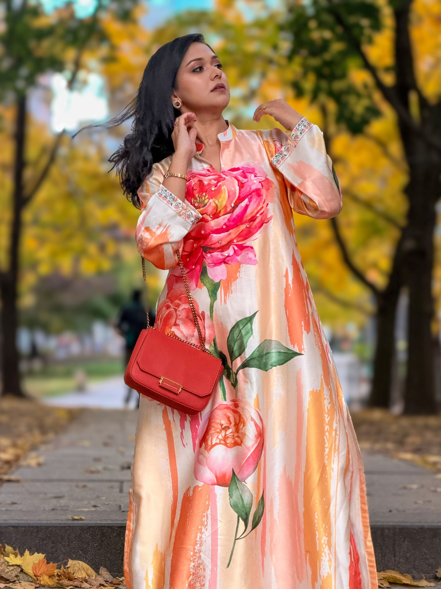 Autumn Bloom – Peach & Coral Floral Long Kameez And Pant