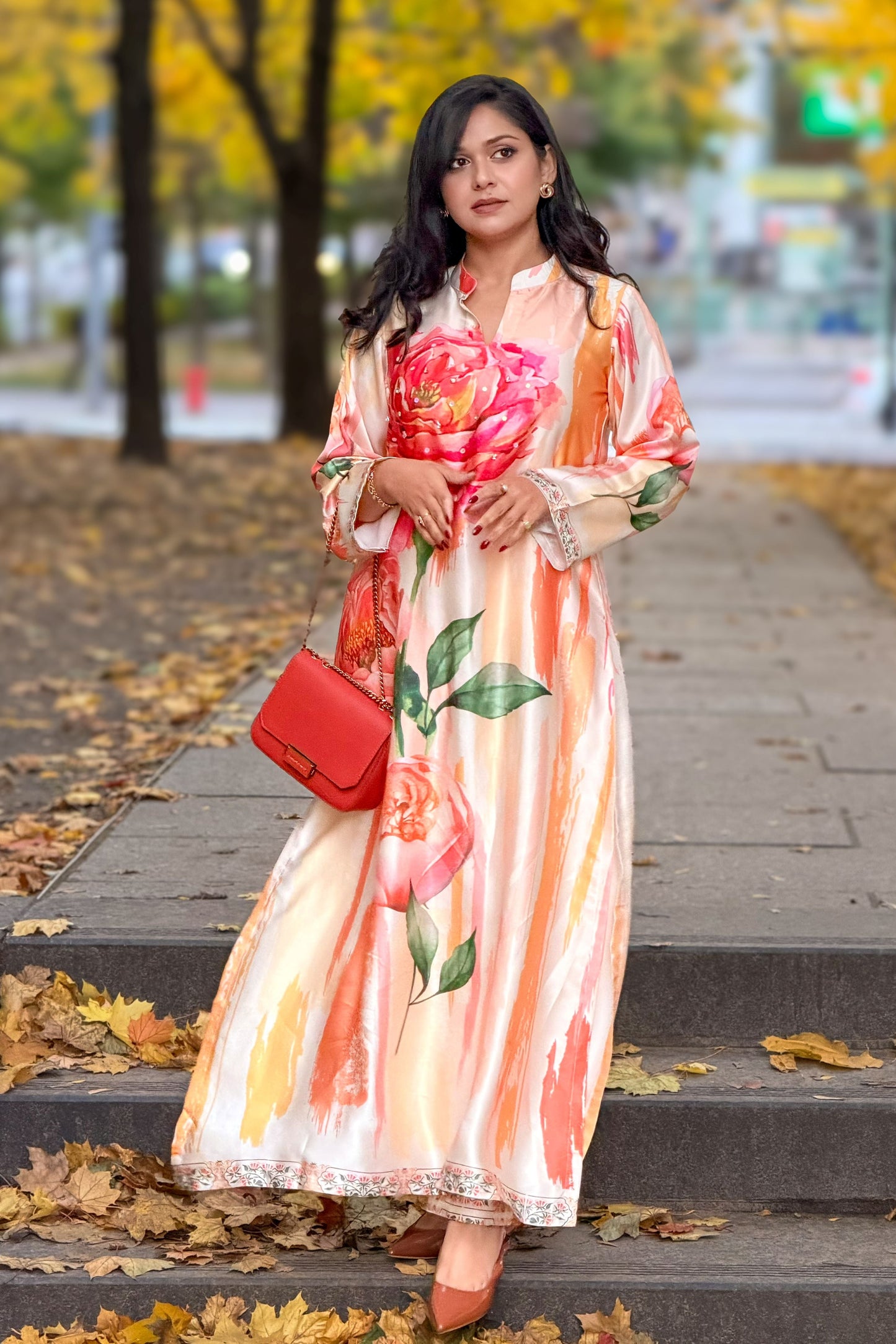 Autumn Bloom – Peach & Coral Floral Long Kameez And Pant
