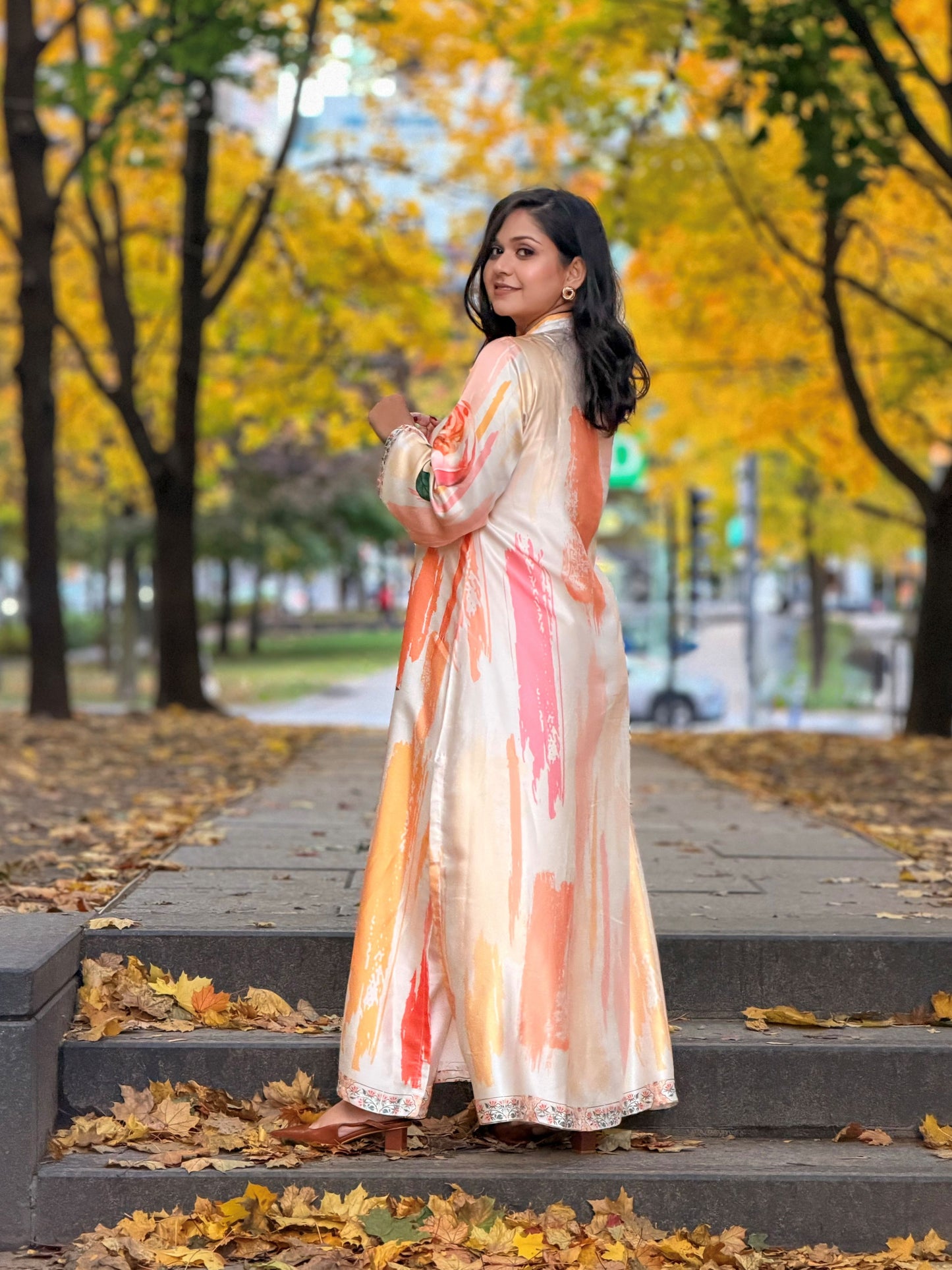 Autumn Bloom – Peach & Coral Floral Long Kameez And Pant