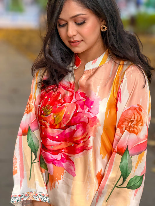 Autumn Bloom – Peach & Coral Floral Long Kameez And Pant