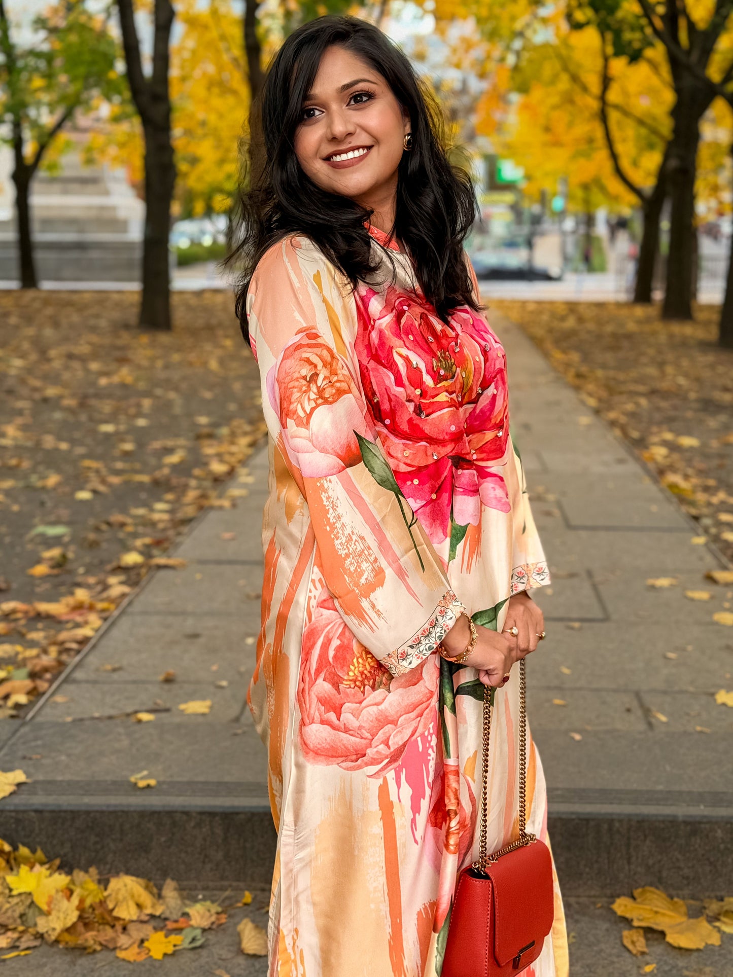 Autumn Bloom – Peach & Coral Floral Long Kameez And Pant