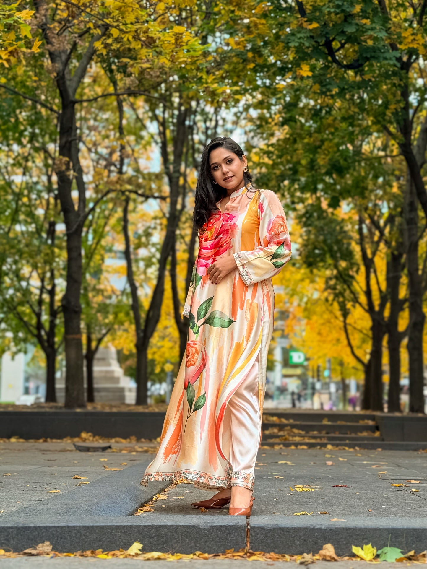 Autumn Bloom – Peach & Coral Floral Long Kameez And Pant
