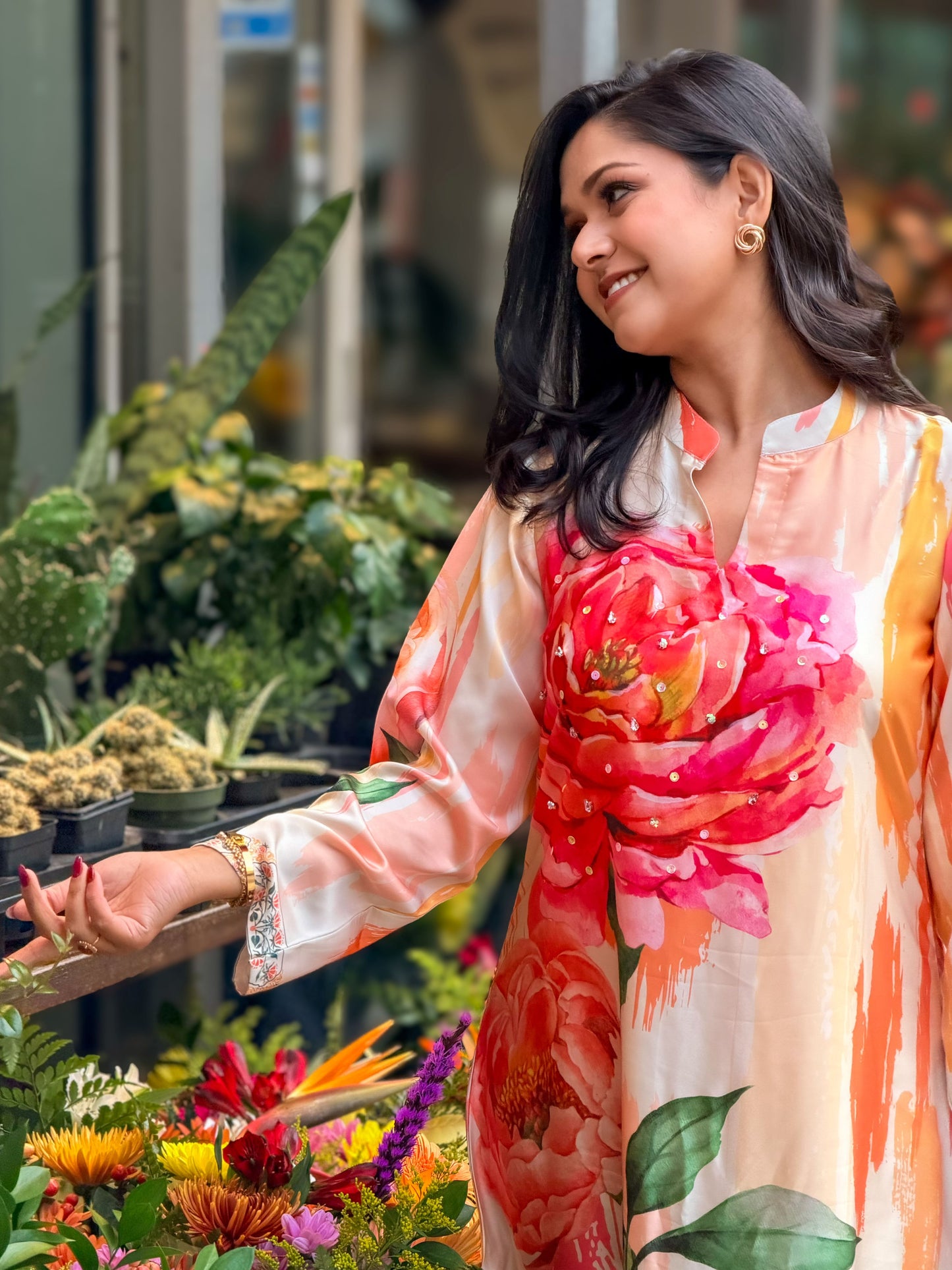 Autumn Bloom – Peach & Coral Floral Long Kameez And Pant