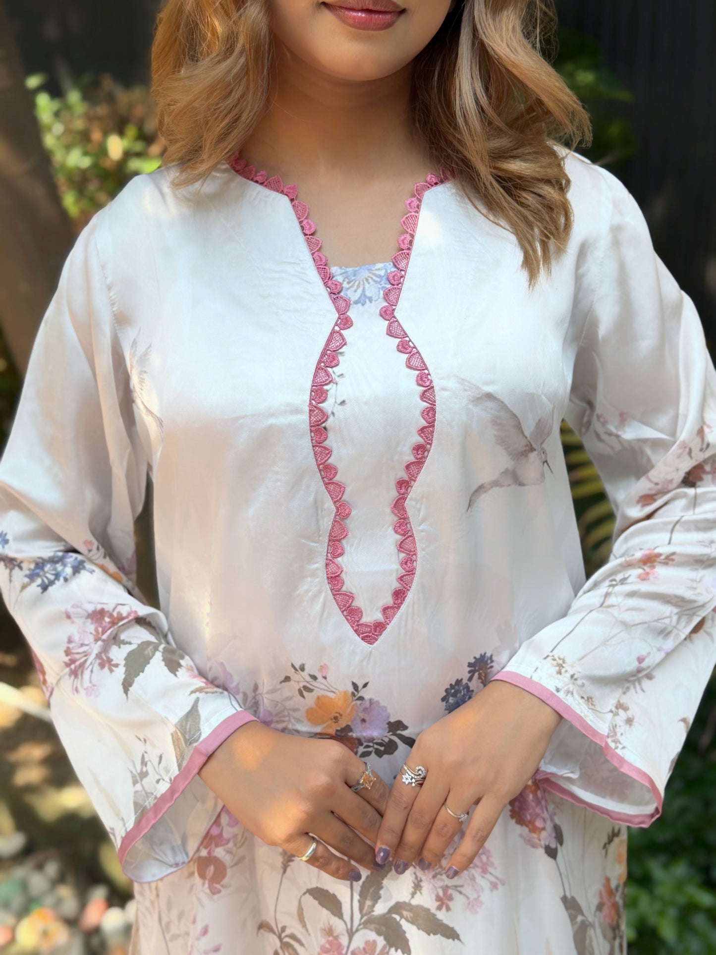 White Floral Print Pink-Trim Co-ord