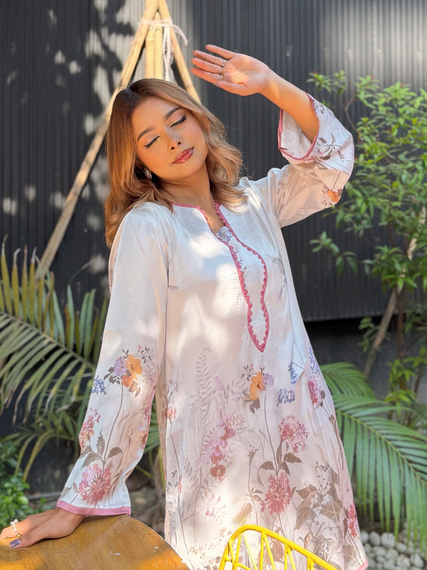 White Floral Print Pink-Trim Co-ord