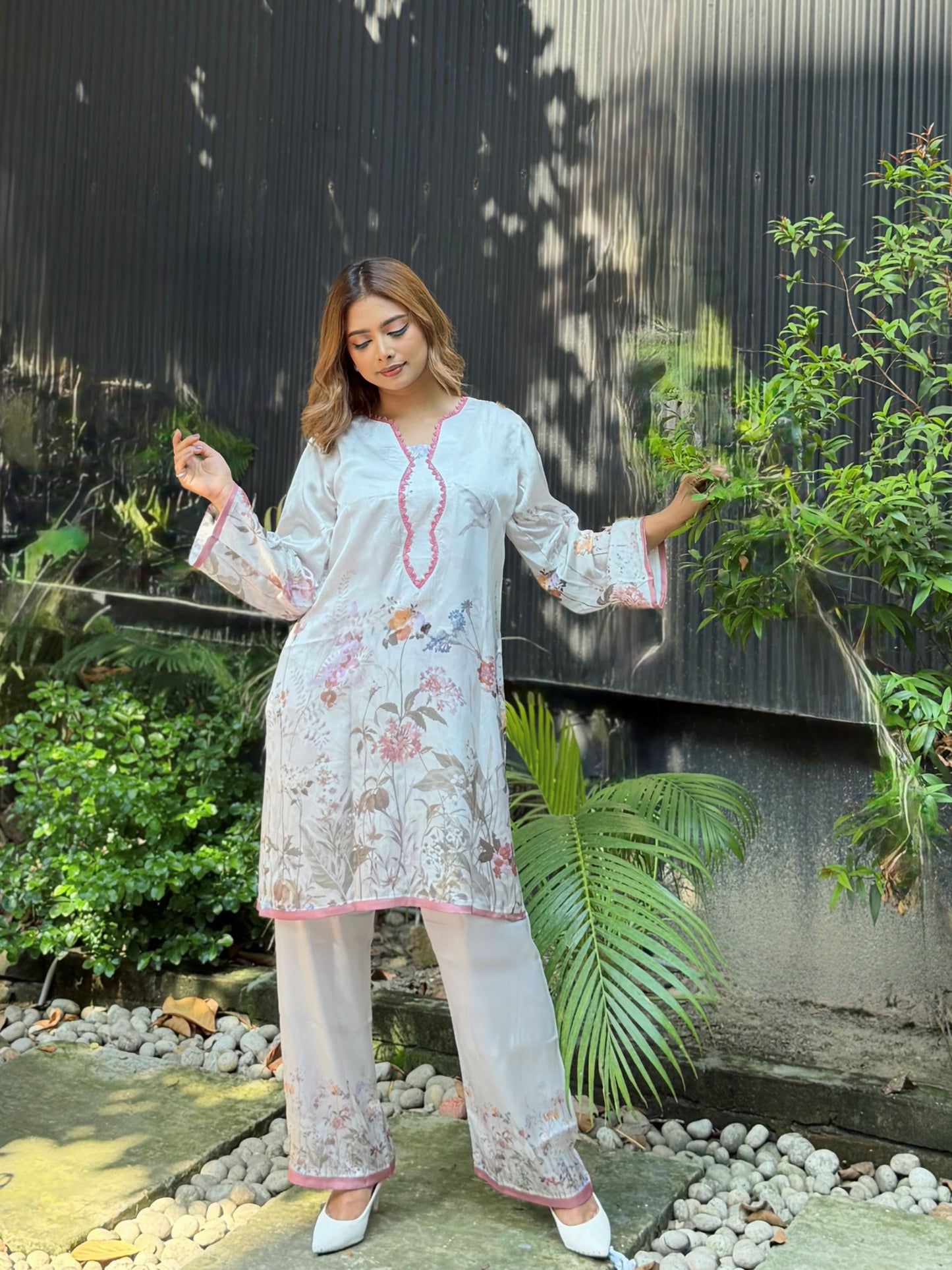 White Floral Print Pink-Trim Co-ord