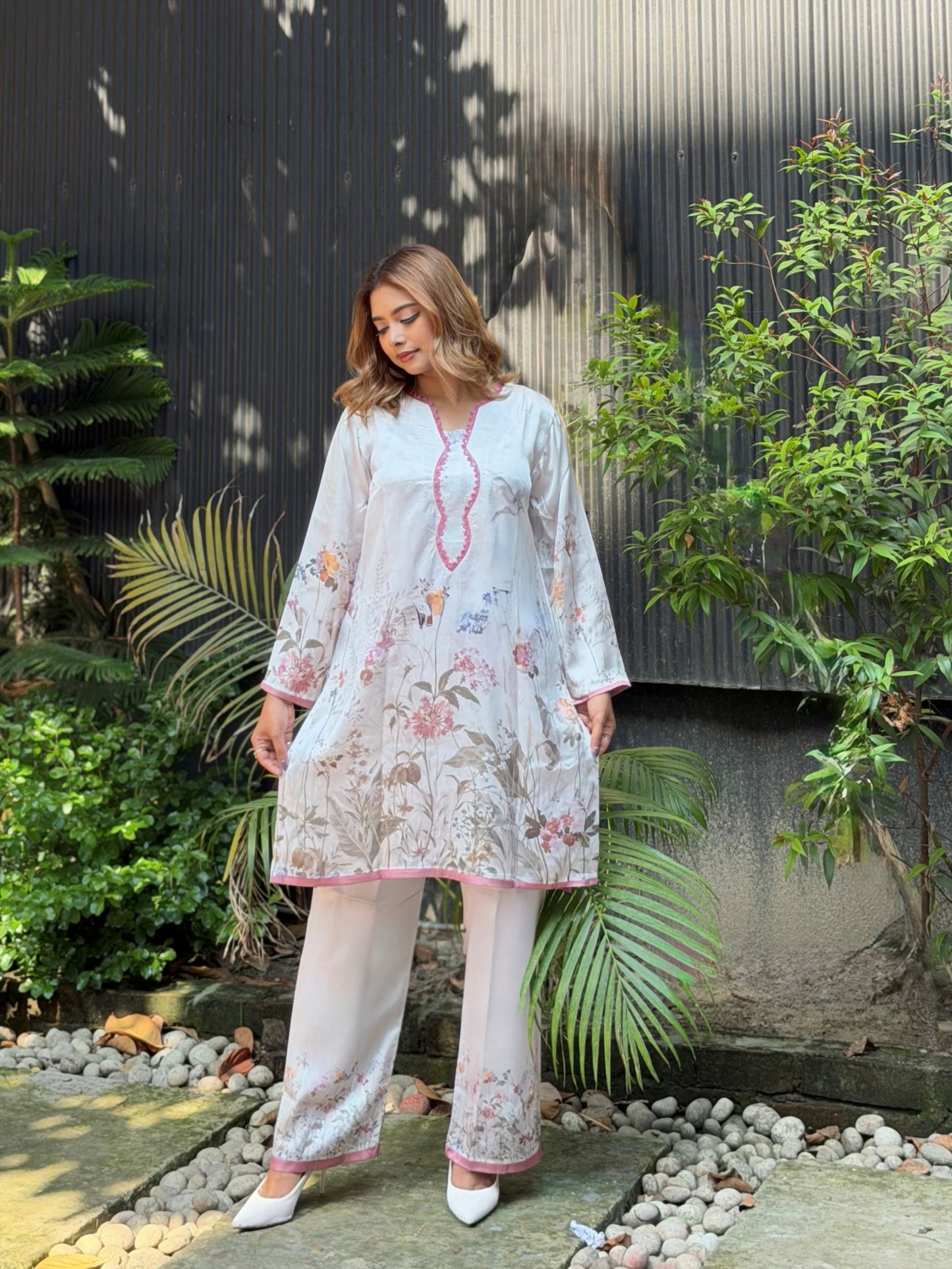 White Floral Print Pink-Trim Co-ord