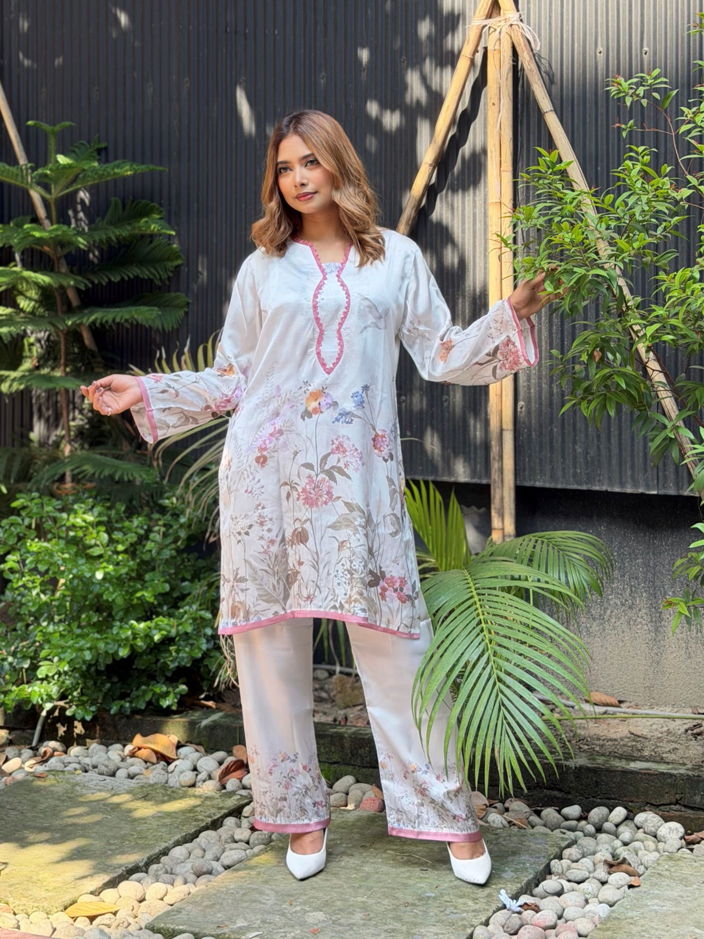 White Floral Print Pink-Trim Co-ord