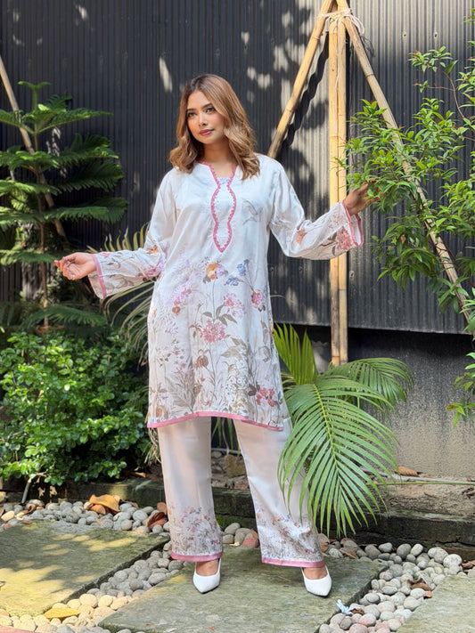 White Floral Print Pink-Trim Co-ord