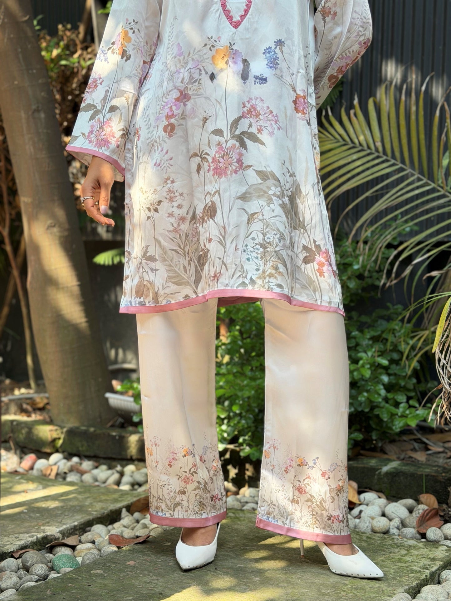 White Floral Print Pink-Trim Co-ord