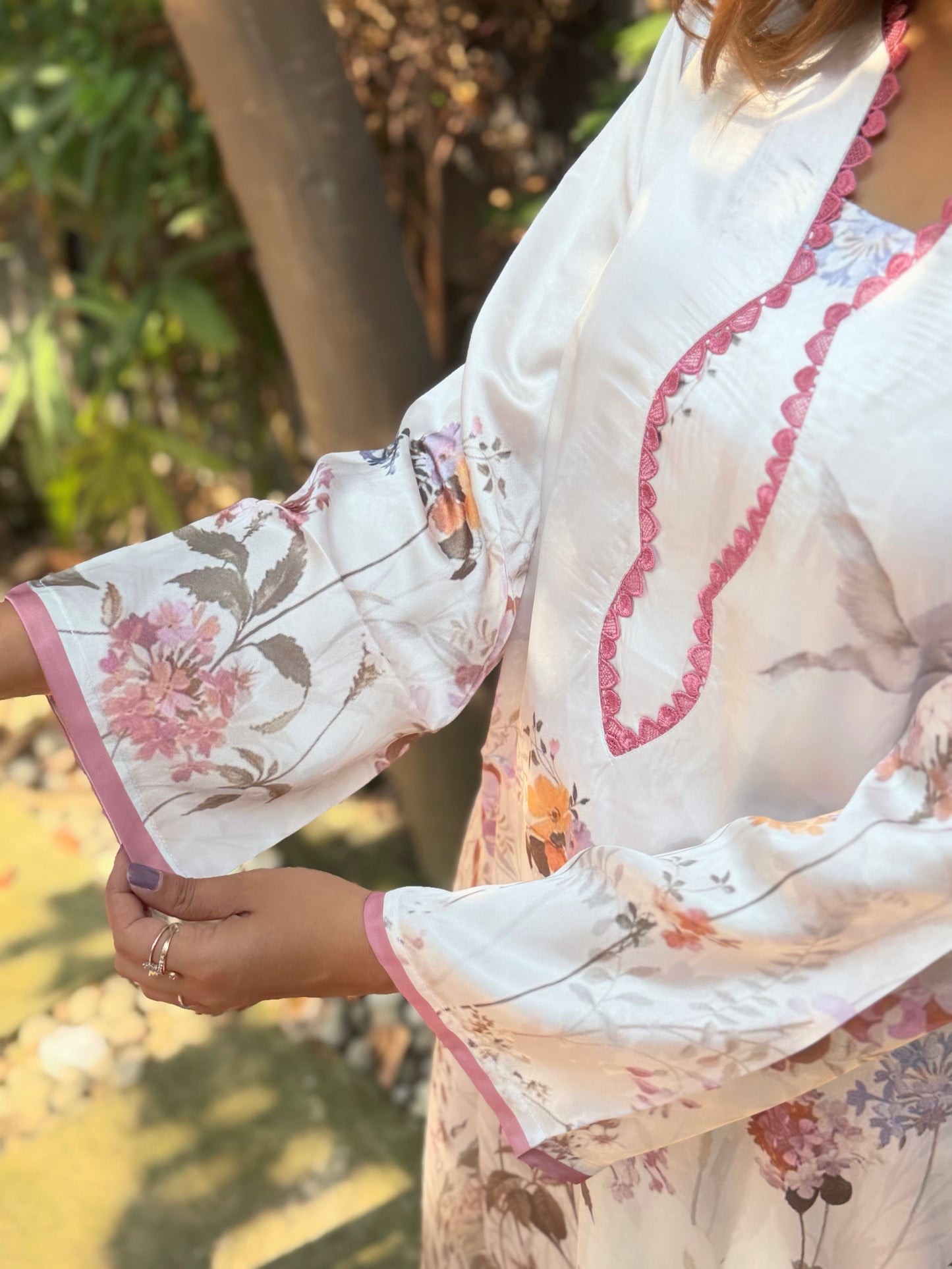 White Floral Print Pink-Trim Co-ord