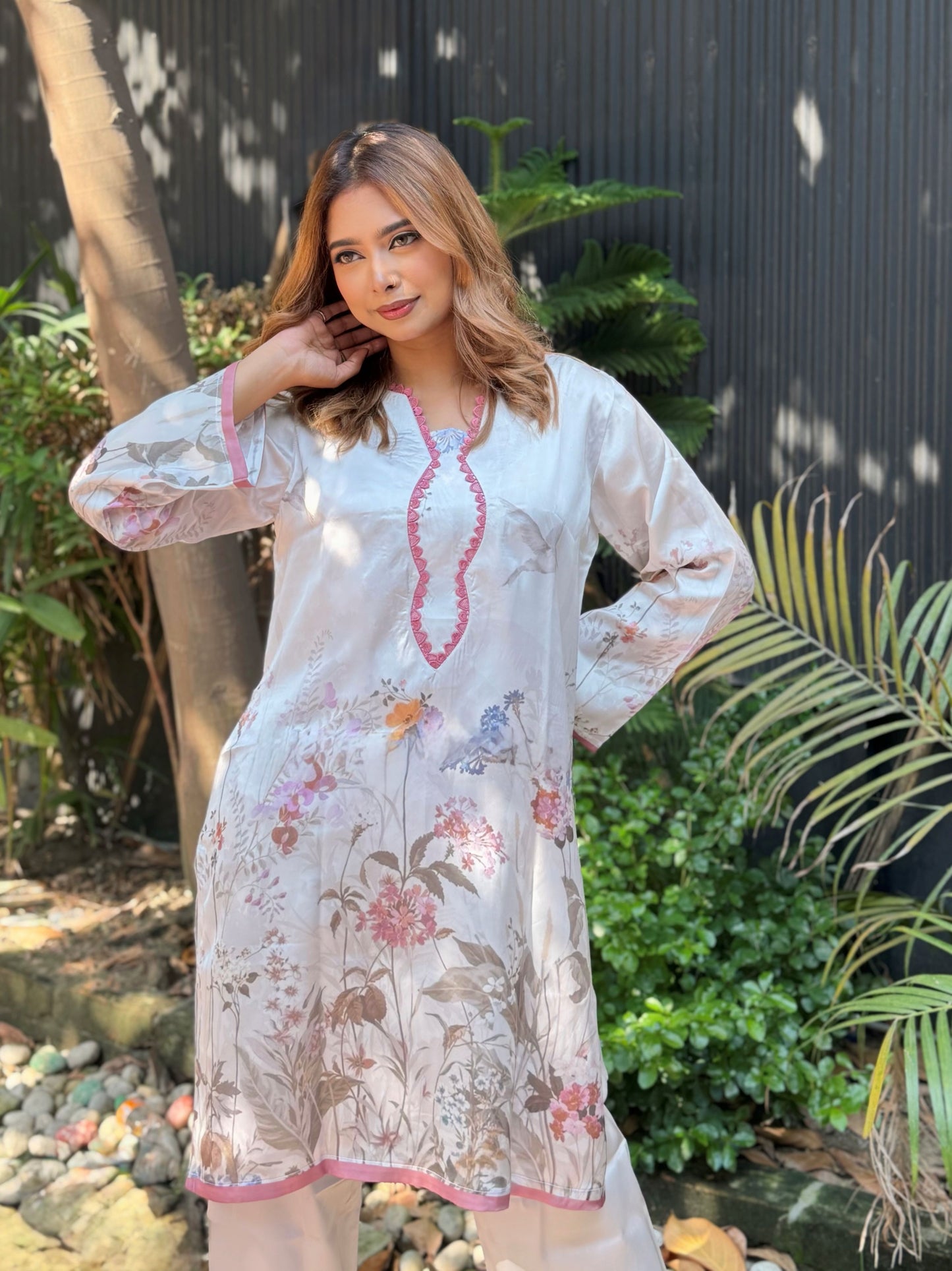 White Floral Print Pink-Trim Co-ord