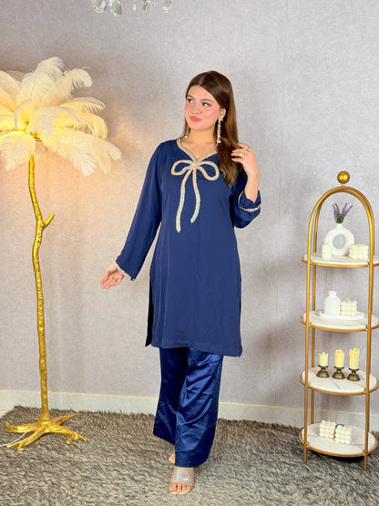 Midnight Elegance – Navy Blue Embellished Kurti Set