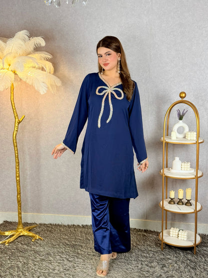 Midnight Elegance – Navy Blue Embellished Kurti Set