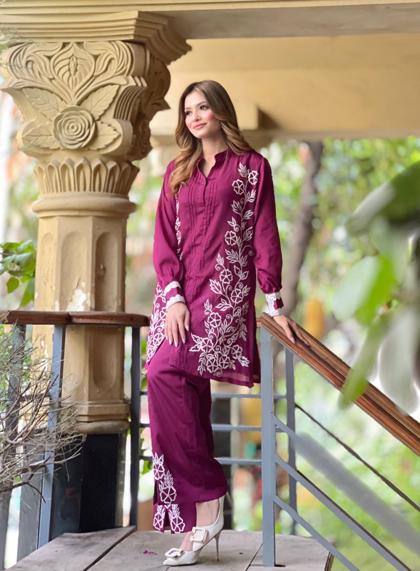 Elegant Magenta Floral Embroidered Two-Piece Set
