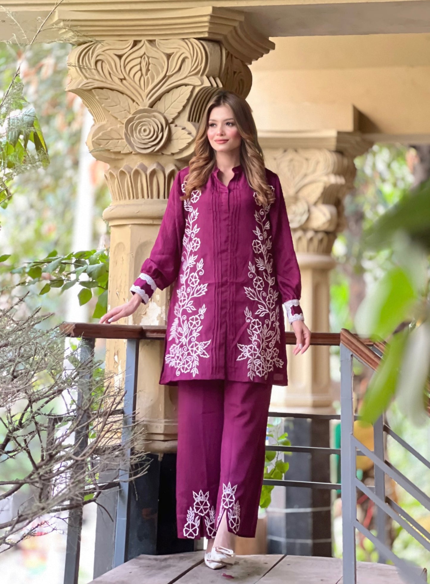 Elegant Magenta Floral Embroidered Two-Piece Set