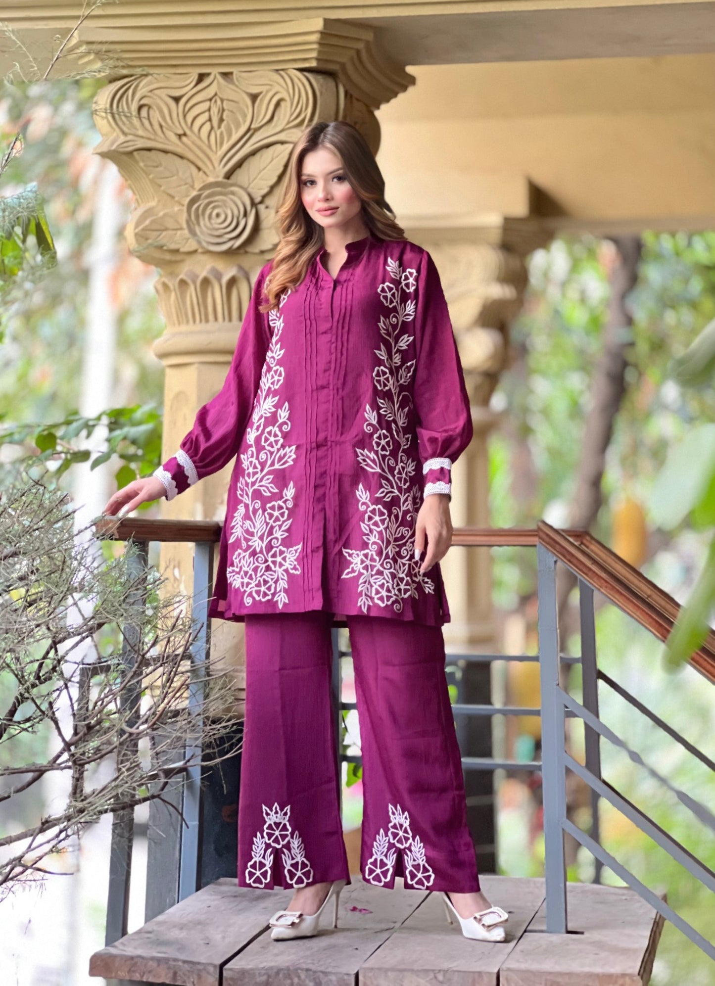 Elegant Magenta Floral Embroidered Two-Piece Set