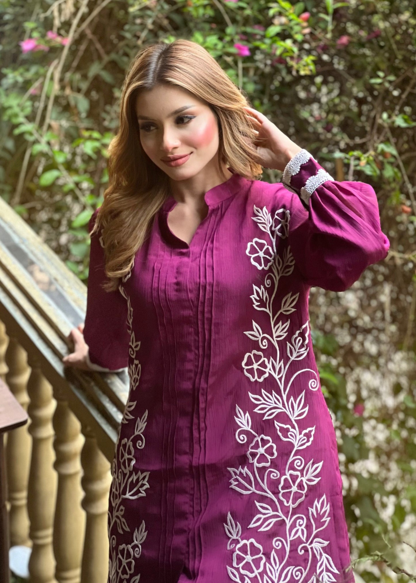 Elegant Magenta Floral Embroidered Two-Piece Set
