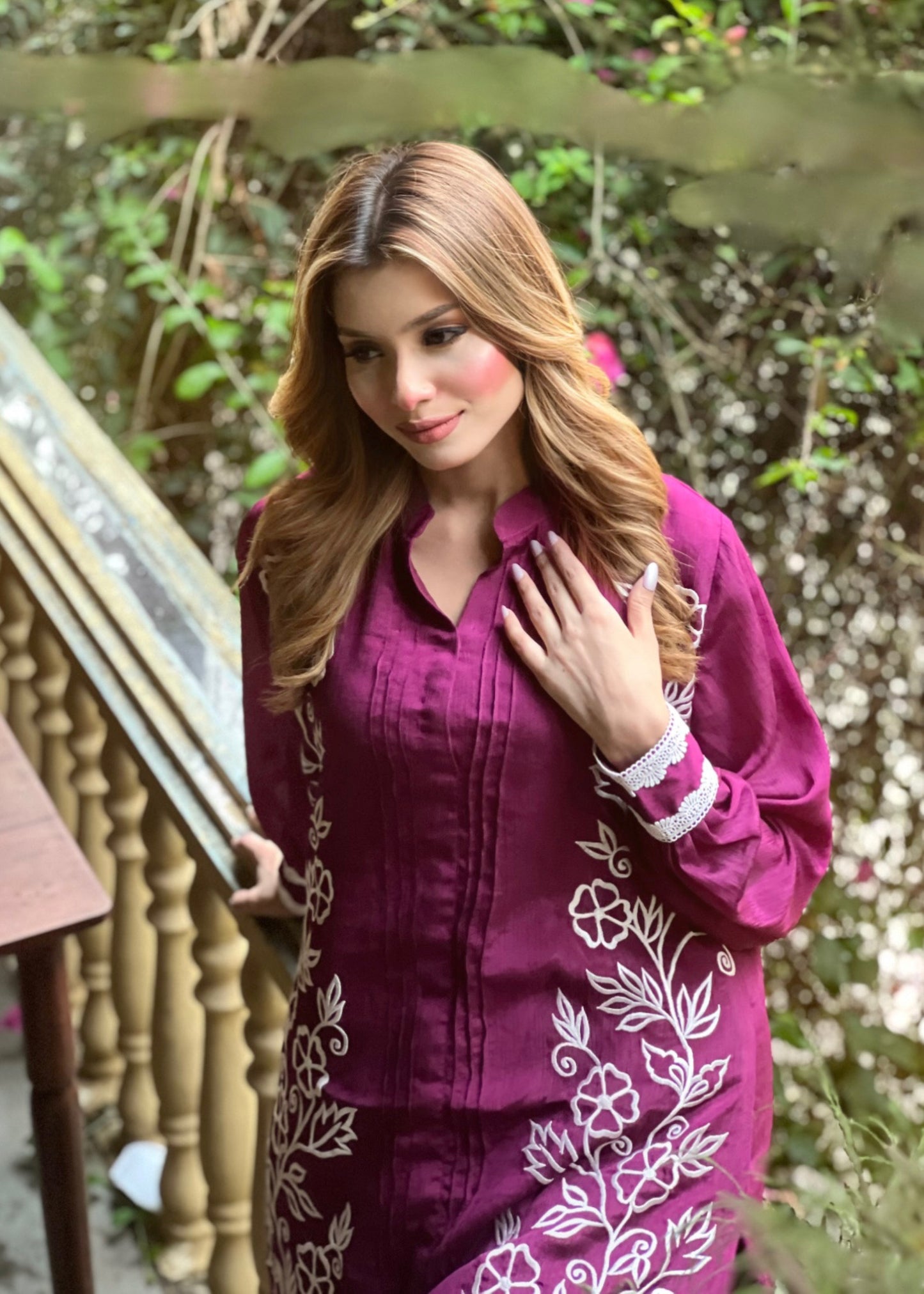 Elegant Magenta Floral Embroidered Two-Piece Set
