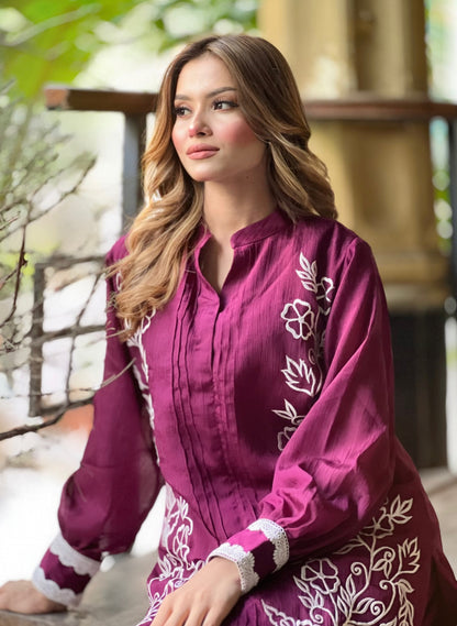 Elegant Magenta Floral Embroidered Two-Piece Set