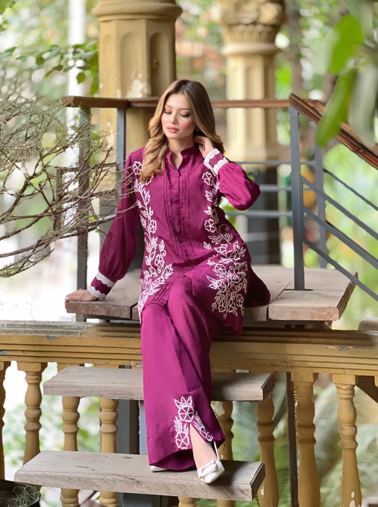 Elegant Magenta Floral Embroidered Two-Piece Set