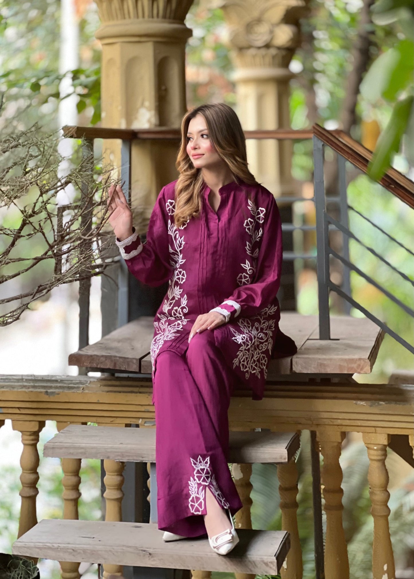 Elegant Magenta Floral Embroidered Two-Piece Set