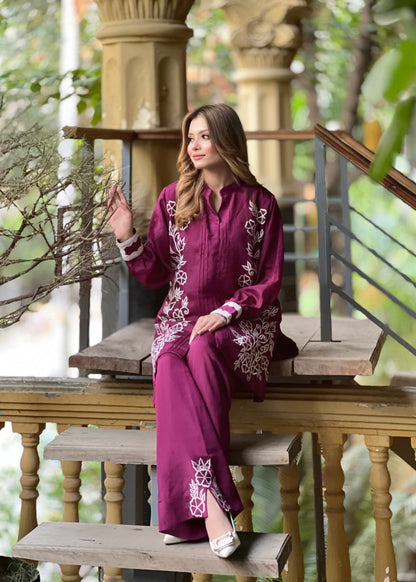 Elegant Magenta Floral Embroidered Two-Piece Set
