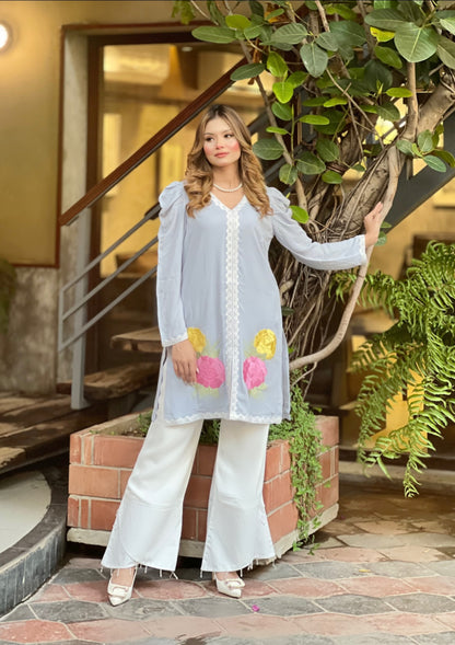Pastel Embroidered Floral Kurti and Shalwar
