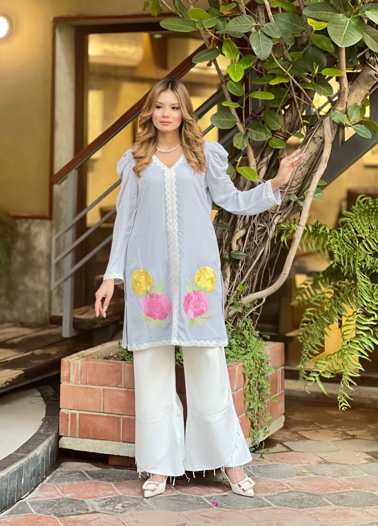 Pastel Embroidered Floral Kurti and Shalwar