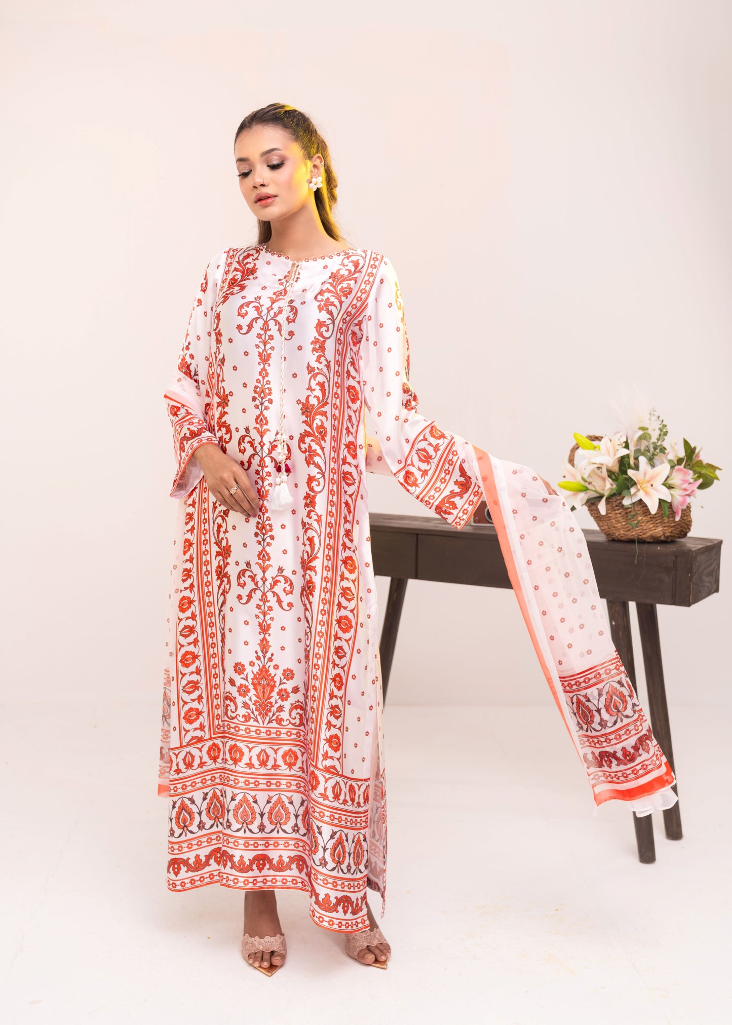 Coral Bloom Elegance Kameez With  Dupatta Set