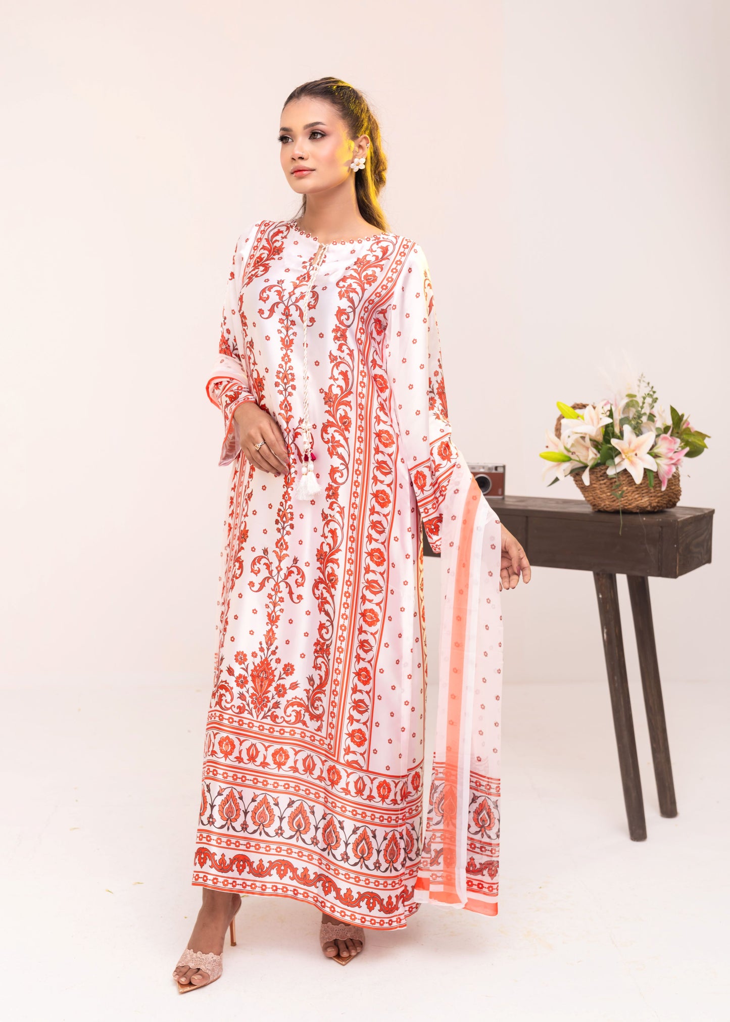 Coral Bloom Elegance Kameez With  Dupatta Set