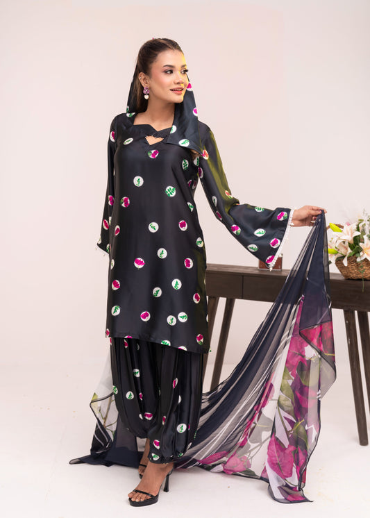 Midnight Bloom Printed Elegance Three-Piece Set